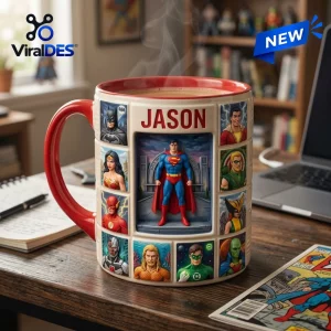 Justice League Character Diorama Ceramic Mug featuring Superman in the center with surrounding DC superhero comic panels.