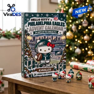 Front view of Hello Kitty x Philadelphia Eagles advent calendar box with small character figurines on a wooden table.