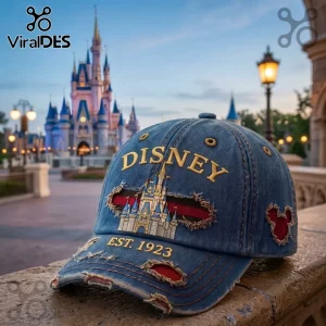 Disney Magic Kingdom Vintage Distressed Denim Cap featuring an embroidered castle and the text Est. 1923 on a blue hat.