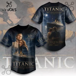 Titanic 30th Anniversary The King Of The World baseball jersey featuring Jack, Rose, and the ship on a black background.