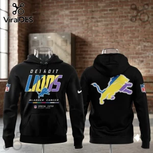 Detroit Lions Crucial Catch Bladder Cancer black hoodie with multi-colored logo graphics on front and large lion on back.