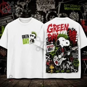 Green Day x Snoopy Rock Band Shirt featuring a white crewneck with a punk Snoopy graphic and Green Day album art collage.