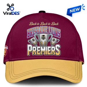 Front view of a maroon baseball cap with a gold brim and team graphics.