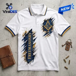 Front view of a white polo shirt with blue and gold distressed graphic designs featuring the Freemasonry square and compass.