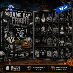 Front view of Las Vegas Raiders Game Day Fright Halloween Advent Calendar open with 24 spooky ornaments.
