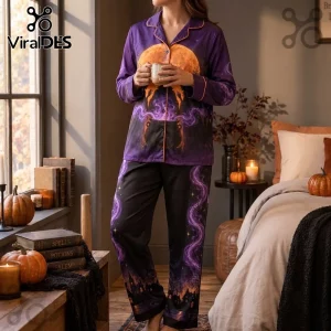 Hocus Pocus Witch Silhouette Halloween Pajama Set in purple and black with a large moon, cauldron, and witch graphic print.