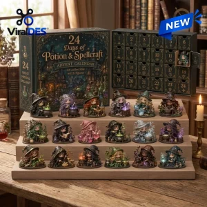 Front view of 24 Days Of Potions & Spells Advent Calendar with displayed witch figures on tiered stands.