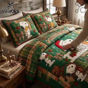 Suddenly Its Christmas Snoopy Holiday Quilt Bedding Set features green plaid patterns, holly, and cartoon beagle graphics.