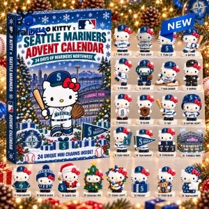Front view of Hello Kitty x Seattle Mariners Christmas Advent Calendar with mini figures.