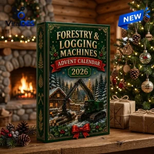 Front view of the Forestry and Logging Machines 2026 Advent Calendar in a holiday setting.