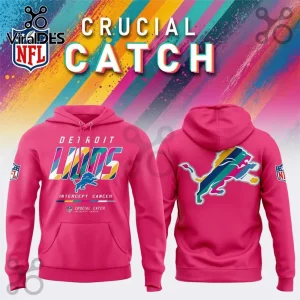 Detroit Lions NFL Crucial Catch Pink Pullover Hoodie showing front and back view with team logo and cancer awareness text.