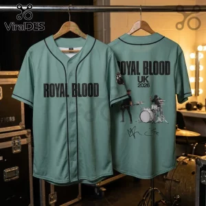 Royal Blood UK Tour 2026 Sage Green Baseball Jersey with black trim and band graphics on front and back.