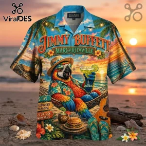 Jimmy Buffett Margaritaville Tropical Summer Hawaiian shirt featuring a macaw wearing a straw hat and drinking a cocktail.