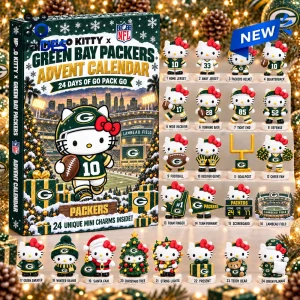 Front view of Hello Kitty x Green Bay Packers 2026 Advent Calendar showing 24 mini charm figures.