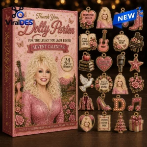 Front view of a pink themed advent calendar box featuring an illustration of a blonde woman and twenty-four small ornaments.