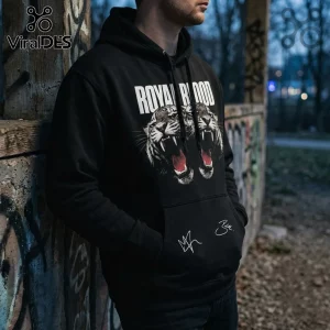 Royal Blood UK Tour 2026 Tiger Signature Black Hoodie featuring dual tiger graphic, white text, and signatures on fabric.