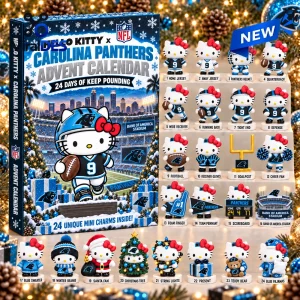 Front view of a Carolina Panthers advent calendar featuring Hello Kitty figures in team-themed outfits and accessories.