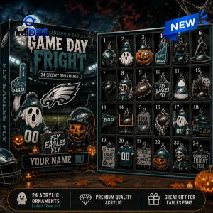 Front view of a Philadelphia Eagles Halloween 2026 advent calendar featuring twenty-four individual spooky ornaments.