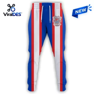 Front view of Newcastle Knights 2026 Grand Final sweatpants featuring red, white, and blue vertical stripes.