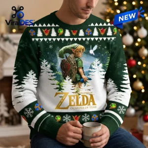 Front view of a green Christmas sweater featuring a video game character and woodland pattern.