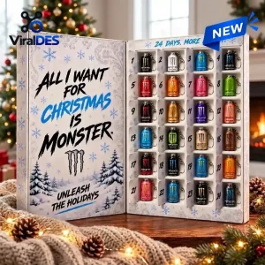 Open view of the Monster Energy Christmas Advent Calendar 2026 showing 24 numbered slots with mini keychains.