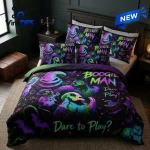 Front view of an Oogie Boogie Glow in the Dark Bedding Set featuring neon character graphics.