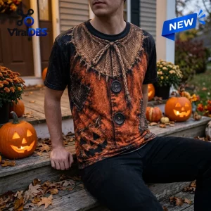 Front view of a man wearing a Trick R Treat Sam pumpkin head costume shirt featuring burlap and stitched pumpkin graphics.