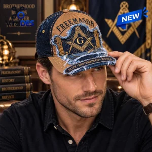 Freemasonry Embroidered Denim Distressed Baseball Cap with square and compass emblem and Faith Brotherhood Service text.