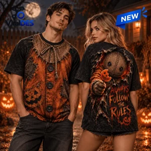 Front and back view of people wearing a Trick R Treat Sam Pumpkin Head costume shirt with graphic printed details.