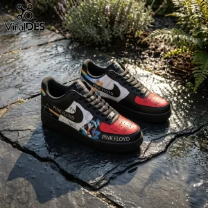 Pink Floyd Dark Side of the Moon Air Force 1 shoes featuring prism graphics, brick wall patterns, and red toe accents.