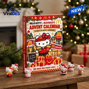 Front view of Hello Kitty x McDonald's Advent Calendar box with miniature holiday-themed character figurines on a table.