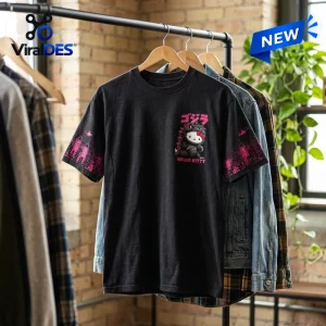 Front view of a black t-shirt featuring a Hello Kitty and Godzilla graphic with pink Tokyo cityscape sleeves.