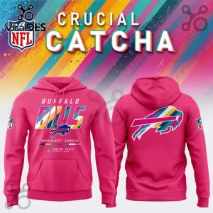 Buffalo Bills NFL Crucial Catch Intercept Cancer pink hoodie displaying team branding and multi-colored logo details.