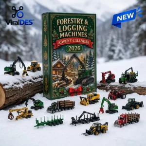 Front view of Forestry and Logging Machines 2026 Advent Calendar box surrounded by miniature toy vehicles in snow.