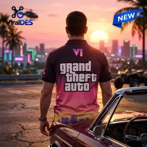 Rear view of a person wearing a Grand Theft Auto VI gradient polo shirt facing a sunset cityscape.