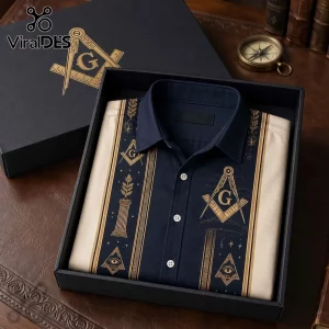 Freemason Compass Square Pattern Hawaiian Shirt in navy and cream with gold Masonic symbols inside a black display box.