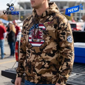 South Carolina Gamecocks Camo Military Appreciation Hoodie with team logo, US flag patch, and SEC sleeve branding.