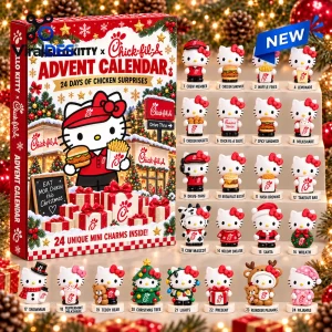 Front view of Hello Kitty x Chick-fil-A Advent Calendar 2026 box displaying 24 miniature character figurines.
