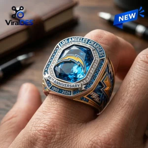 Closeup of the Los Angeles Chargers 66th Anniversary Ring worn on a finger.