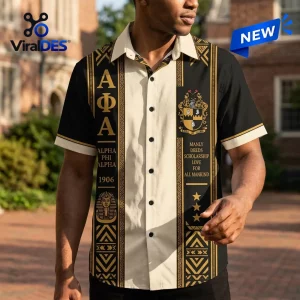 Front view of an Alpha Phi Alpha Fraternity Premium Hawaiian Shirt featuring black and tan panels with gold Greek lettering.