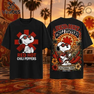 Red Hot Chili Peppers x Snoopy California Funk shirt featuring Snoopy playing guitar with floral and chili pepper graphics.