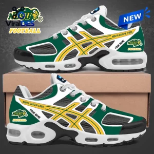 North Dakota State University Bison Personalized Air Max Sneakers in green, white, and yellow with NDSU Football branding.