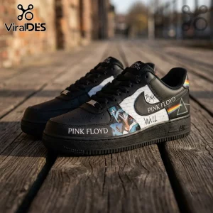 Pink Floyd The Wall Dark Side of the Moon Air Force 1 sneakers with black leather, brick patterns, and prism graphics.