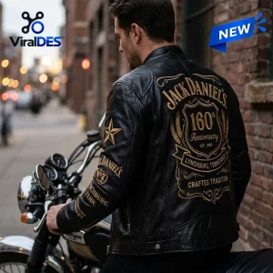 Jack Daniel's 160th Anniversary Black Leather Motorcycle Jacket featuring gold embroidered back lettering and emblems.