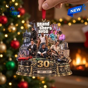 Closeup of a 30th Anniversary Christmas Ornament featuring multiple game characters and city backdrops.