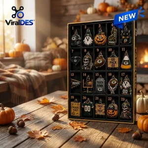 Front view of the Green Bay Packers Halloween Advent Calendar featuring numbered compartments with spooky charms.