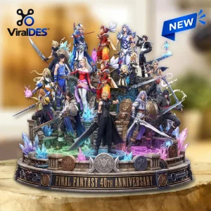Final Fantasy 40th Anniversary Acrylic Plaque featuring a multi-tiered display of iconic game characters and blue crystals.