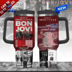 Bon Jovi Forever Legendary Edition Stanley Tumbler featuring band photos, tour dates, and track lists in red and black.