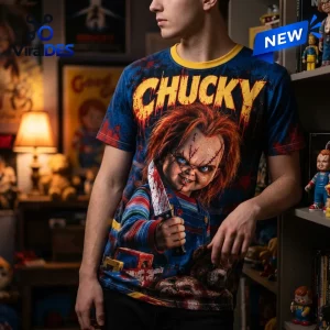 Chucky Playtime Is Over horror shirt featuring a menacing doll with a bloody knife on a blue background.