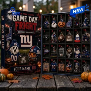 Front view of a New York Giants Halloween 2026 Advent Calendar with twenty-four numbered football-themed ornaments.